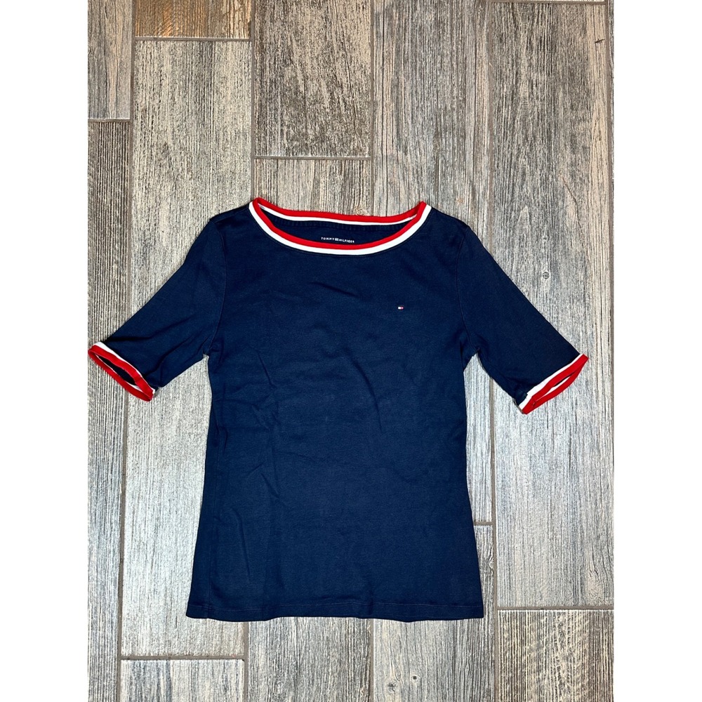 Tommy Hilfiger Women's Blue Short Sleeve T-Shirt Red White‎ Trim Size M